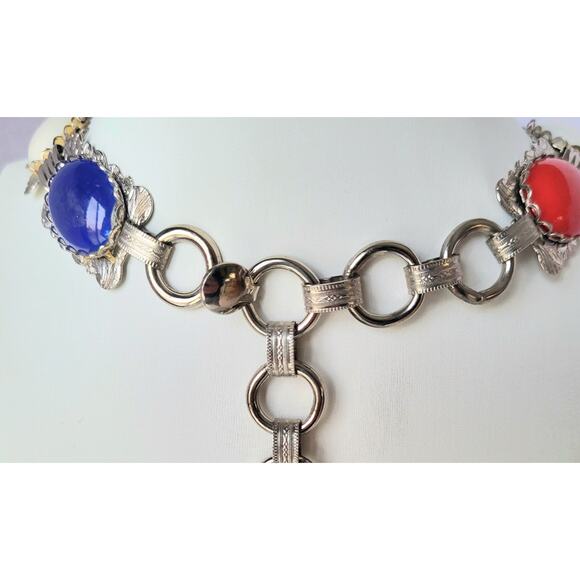 Southwestern Style Western Silver Belt Waist Chain Colorful with Cabochons - Picture 5 of 10